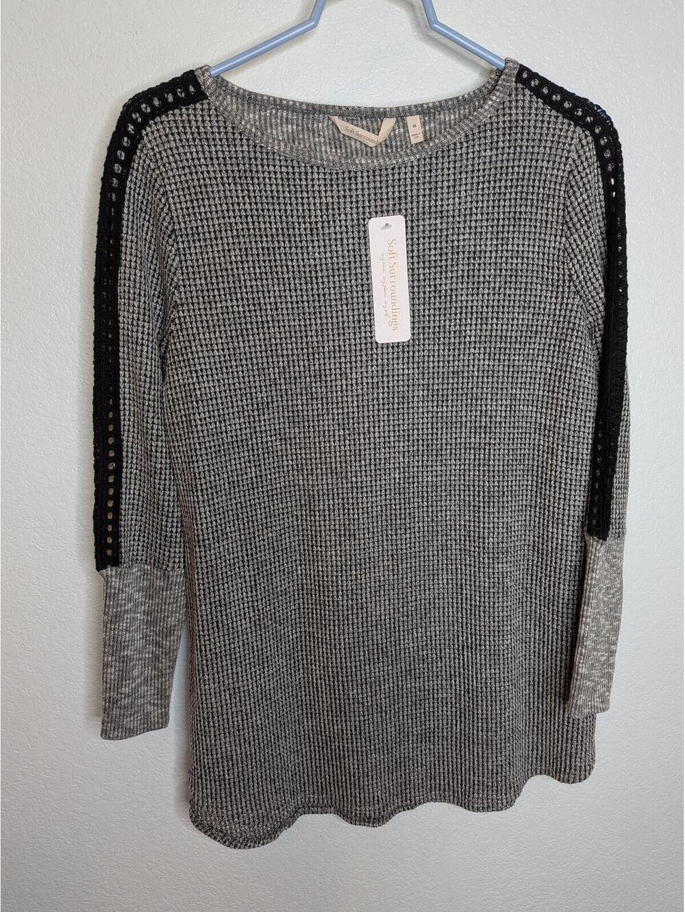 Soft Surroundings Waffle Knit Top Medium Gray Black Trim Sleeve NWT